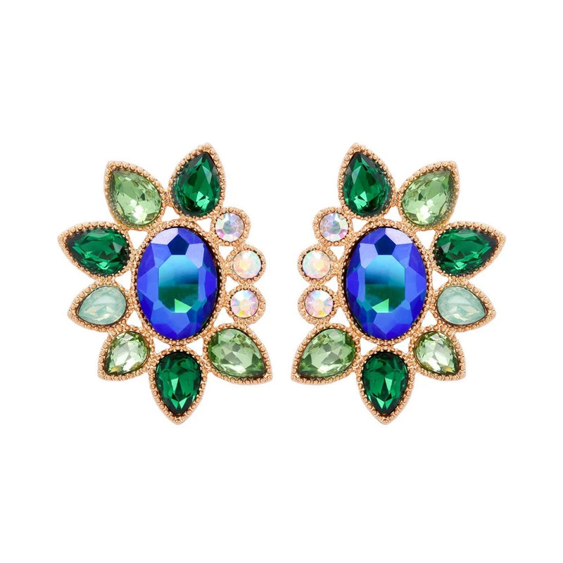 Green Crystal Rhinestone Flower Sunflower Stud Earrings Sunflower