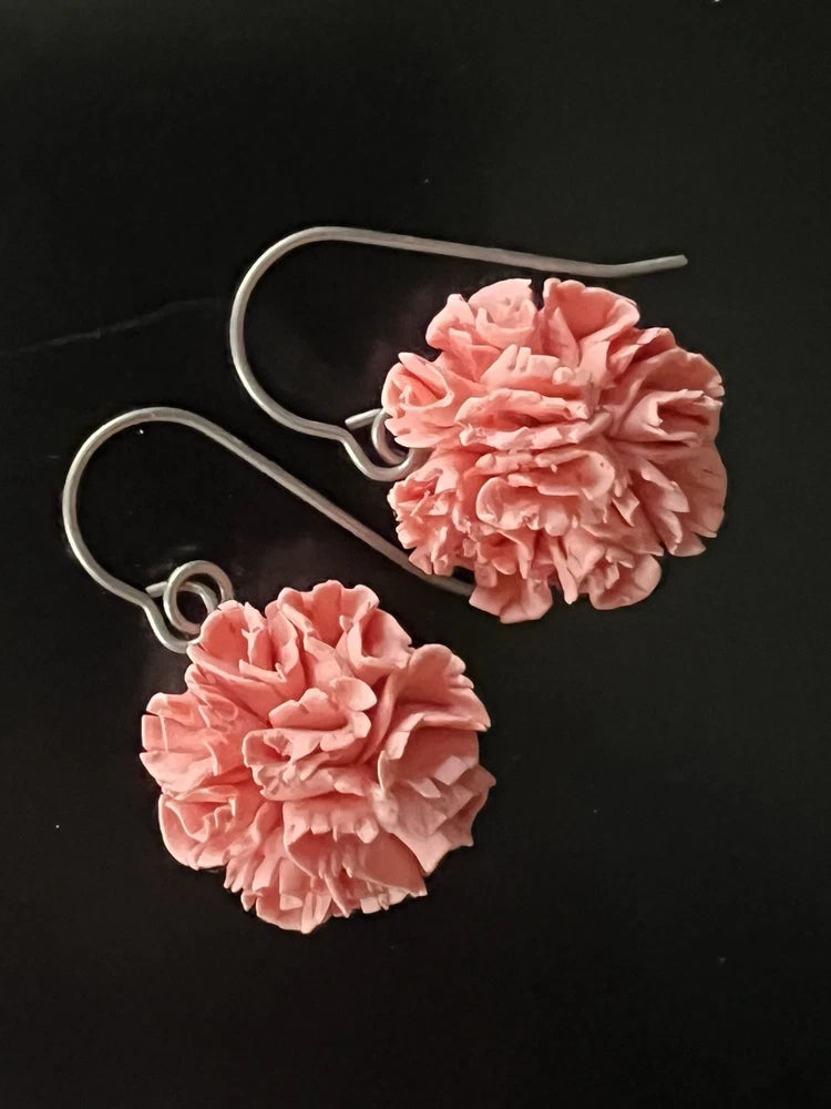 Coral pink fabric flower dangle earrings with short titanium hooks