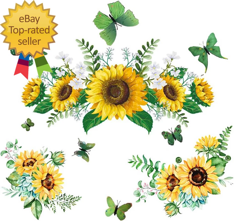Sunflower wall sticker set with 3D-style butterflies and green leaf accents