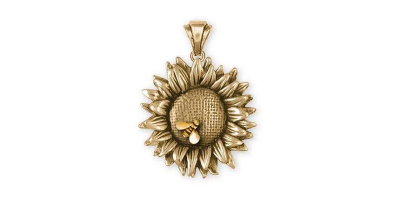 14k gold sunflower pendant with textured petals and circular center, hanging bail