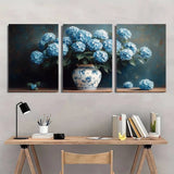 3pcs Blue White Porcelain Vase Hydrangea Flower Wall Art Canvas Framed 50x70cm Hydrangea