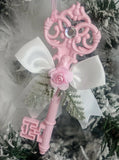 Shabby Victorian Chic Antique Style Key Christmas Ornament Pink Roses Bow Roses