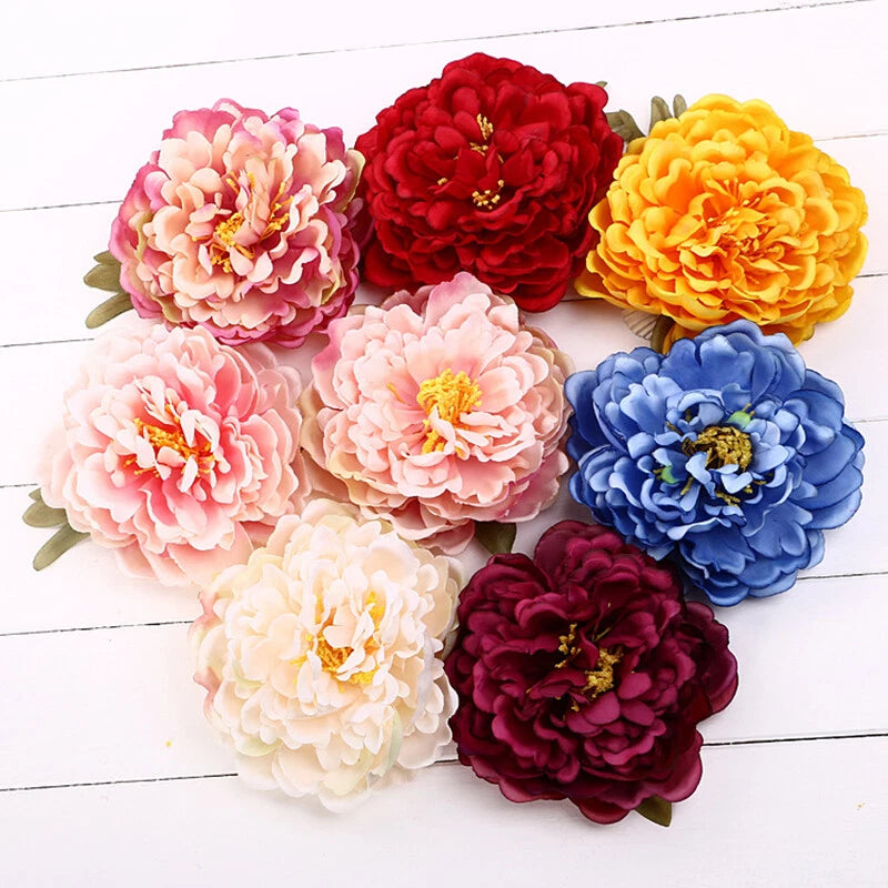 Set of peony flower hairpins with gold-tone stems, red, orange, blue, pink, and white