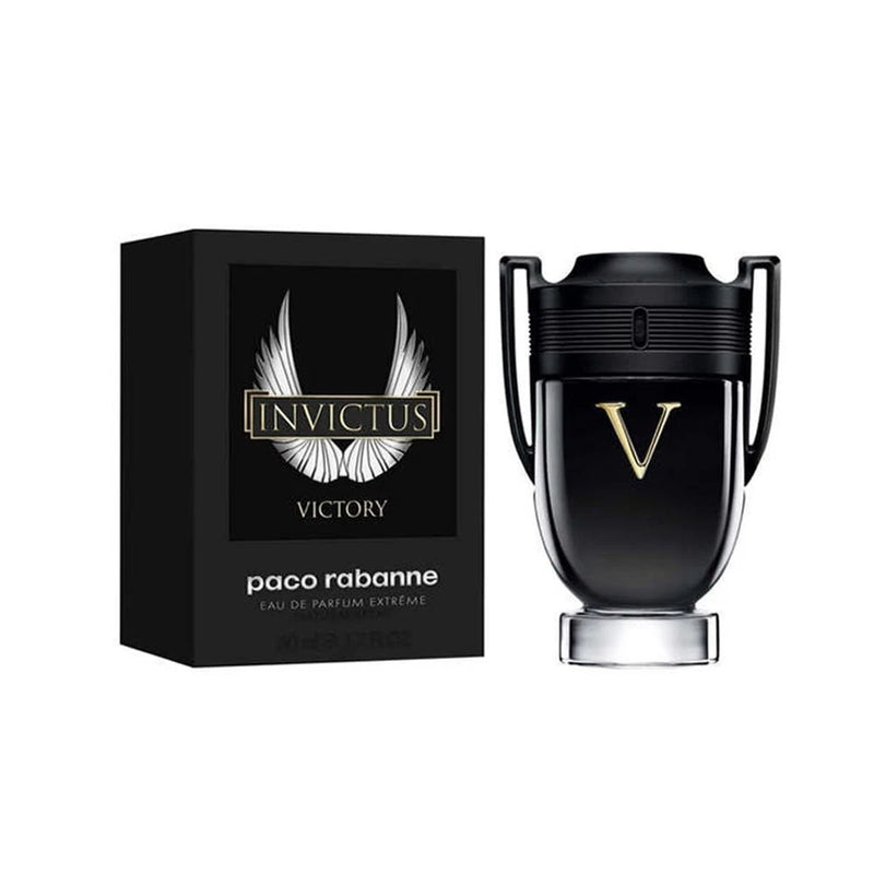 Men's EDP cologne set: black bottle with gold 'V' and Invictus Victory box