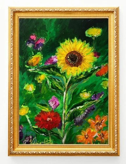 Framed original sunflower painting with colorful flowers and green leaves