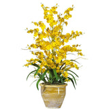 32" YELLOW SILK DANCING LADY ARTIFICIAL FLOWER ARRANGEMENT w/ CERAMIC POT Green Plant