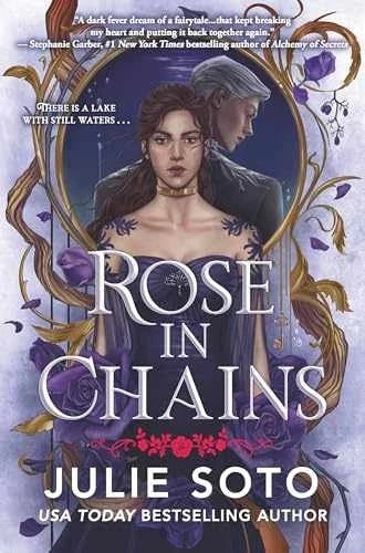 Hardcover novel with illustrated cover, woman portrait in blue, purple floral and chains