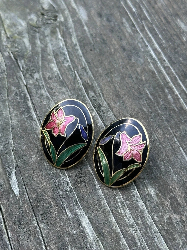 Vintage CloisonnŽ Pink Lily Floral Flower Clip Earrings Lily