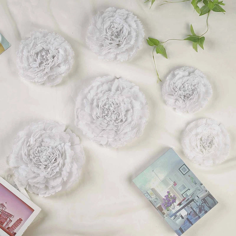 White tissue paper carnation flowers, multiple round layered blooms