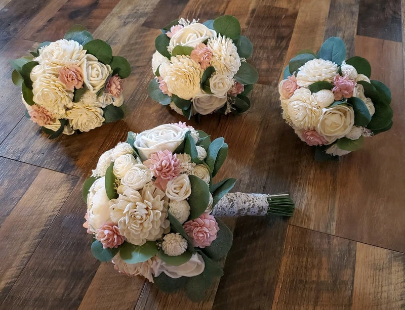 Sola wood bridal bouquet set with pink and white faux flowers and green leaves