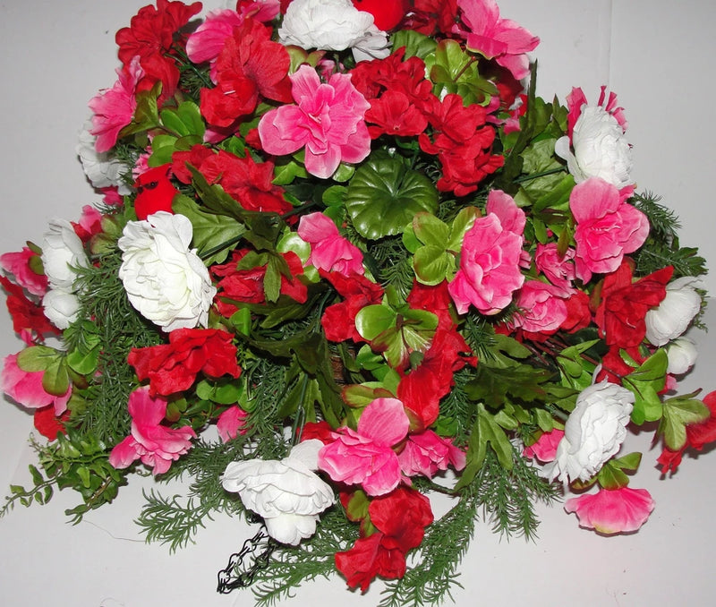 White Ranunculus Pink Red Azaleas Hanging Basket Silk Flower Deck Patio Cemetery Ranunculus