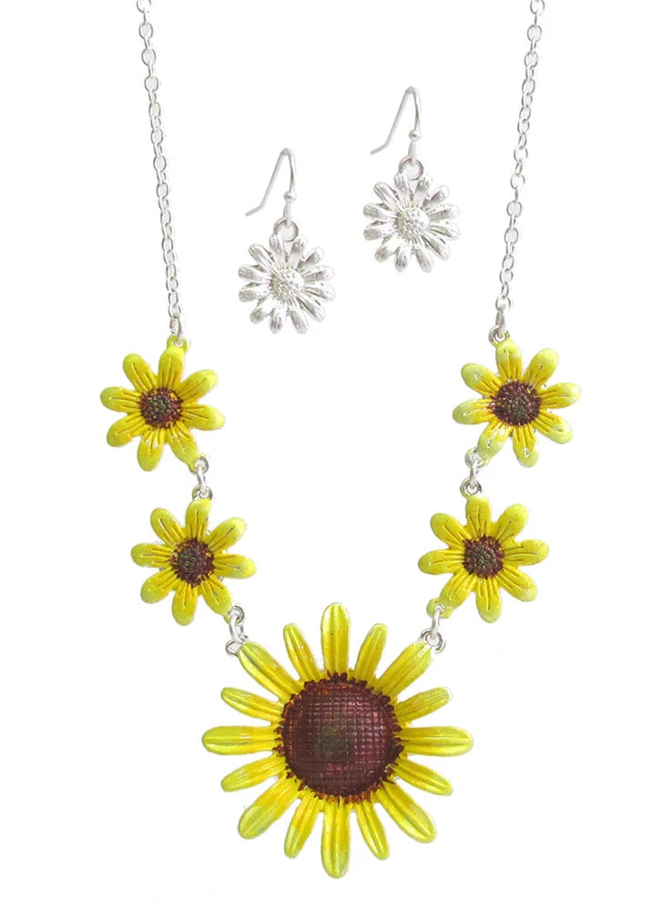 Sunflower pendant necklace and earrings set with yellow flower links and silver chain