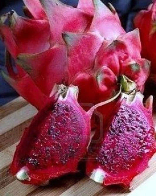Pitaya fruit, red-magenta cut pieces with pink flesh and small dark seeds