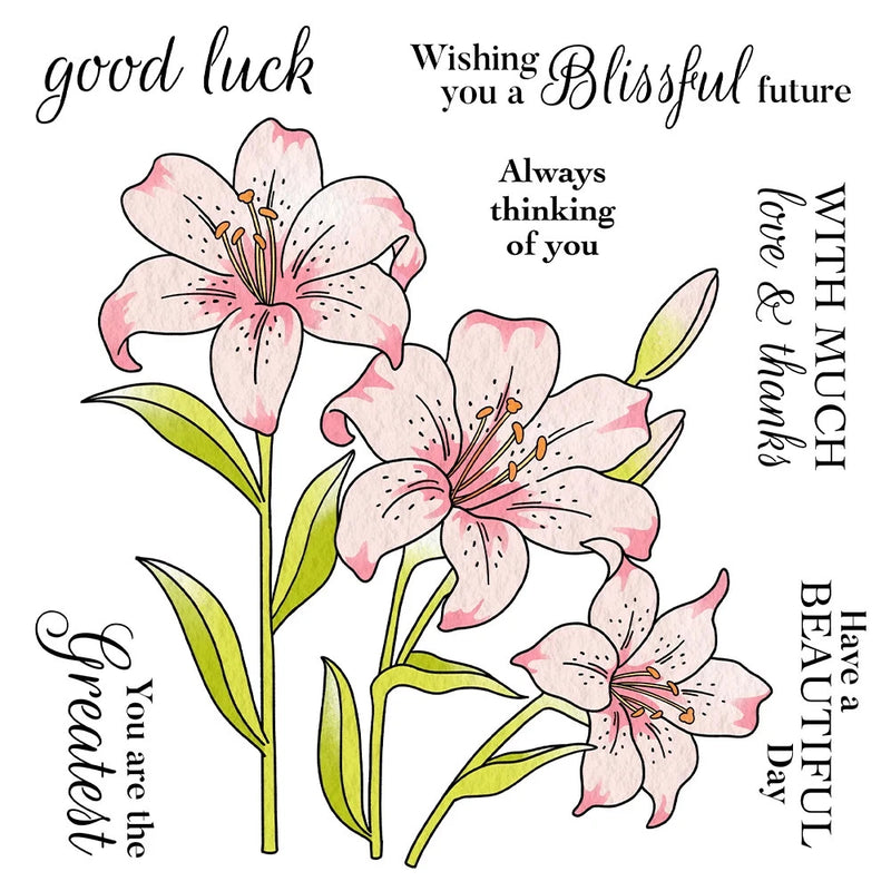 Clear stamp set with pink lily flowers and handwritten-style inspirational sayings