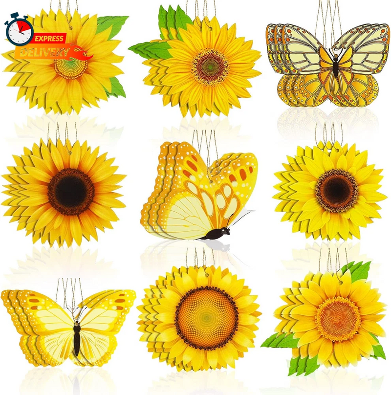 Hanging sunflower and butterfly wooden ornaments set with decorative strings