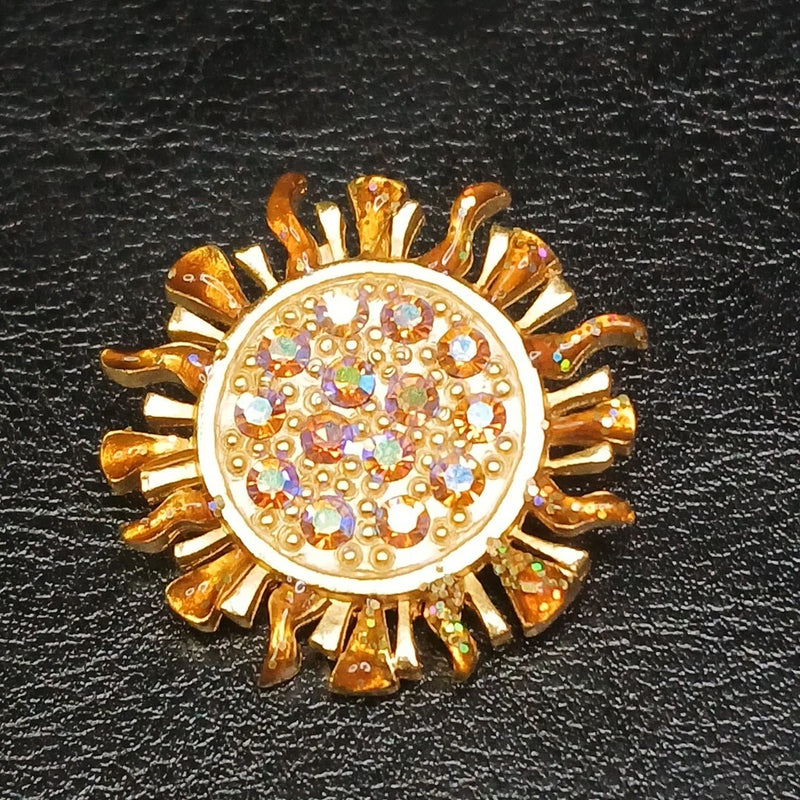 Vintage Sun Flower Pin Brooch AB Crystals Brown Enamel. 12-308 Sunflower