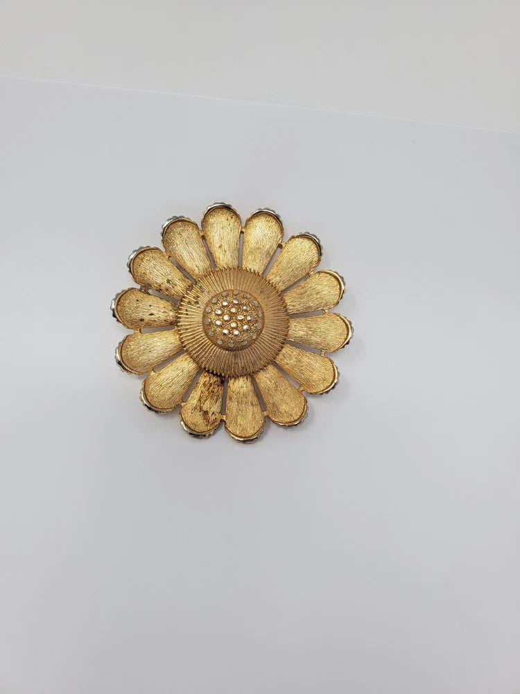 Vintage Sarah Coventry Bright & Brushed Gold Tone Sunflower Daisy Brooch Pin 3" Sunflower