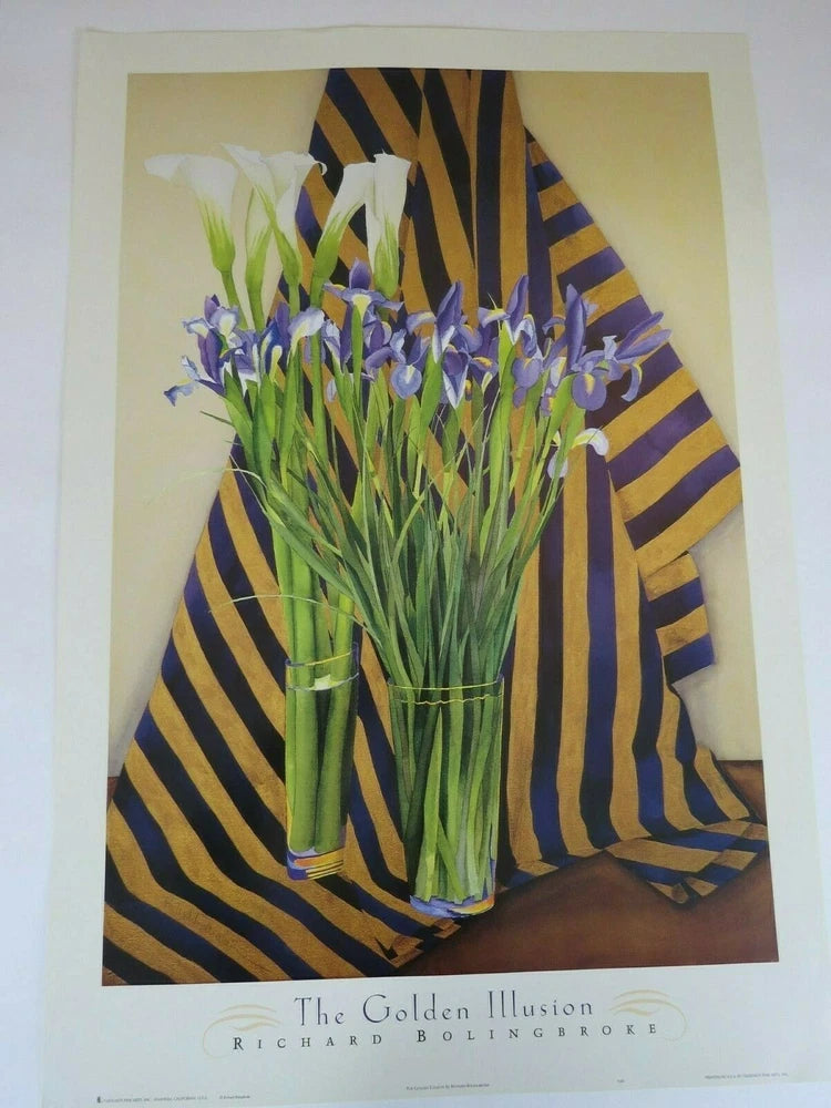 Floral art print with calla lily bouquet in glass vase and striped fabric, text at bottom.