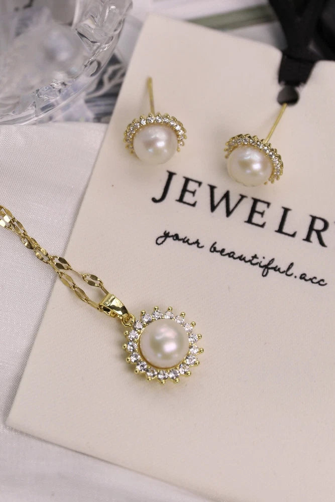 Gold SunFlower Freshwater Pearl Earrings And Necklace Set Sunflower