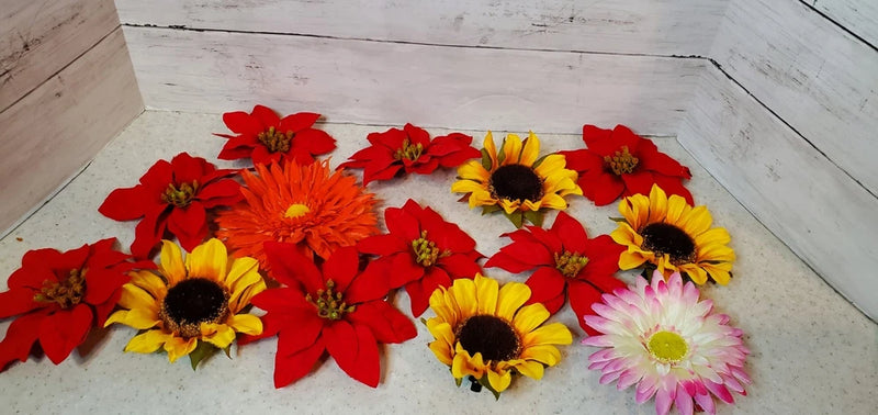 Lot Artificial Flower Clips 4Ð5 Inch Variety Poinsettia Sunflower Gerbera Daisy Sunflower