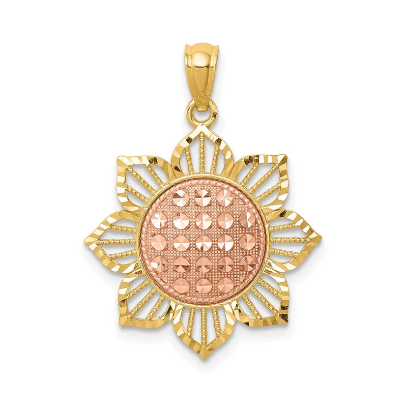 Two-tone 14k gold sunflower pendant with rose center and openwork petals
