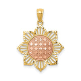 14k Two-Tone Gold Sunflower Pendant Rose Center Yellow Openwork Petals Charm Sunflower