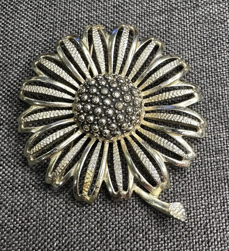 Vintage MCM Signed SARAH COVENTRY Sunflower Brooch Pin Gold Tone 3Ó Sunflower