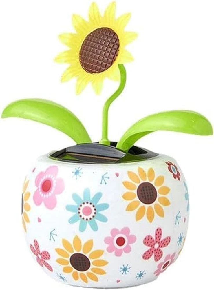 Solar powered sunflower dancing flower toy with floral patterned white base and green stem