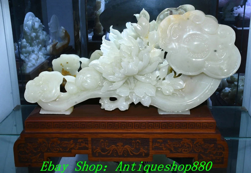 22.4''Old China Natural White Jade Carved Fengshui Ruyi Peony Flower Statue Peony