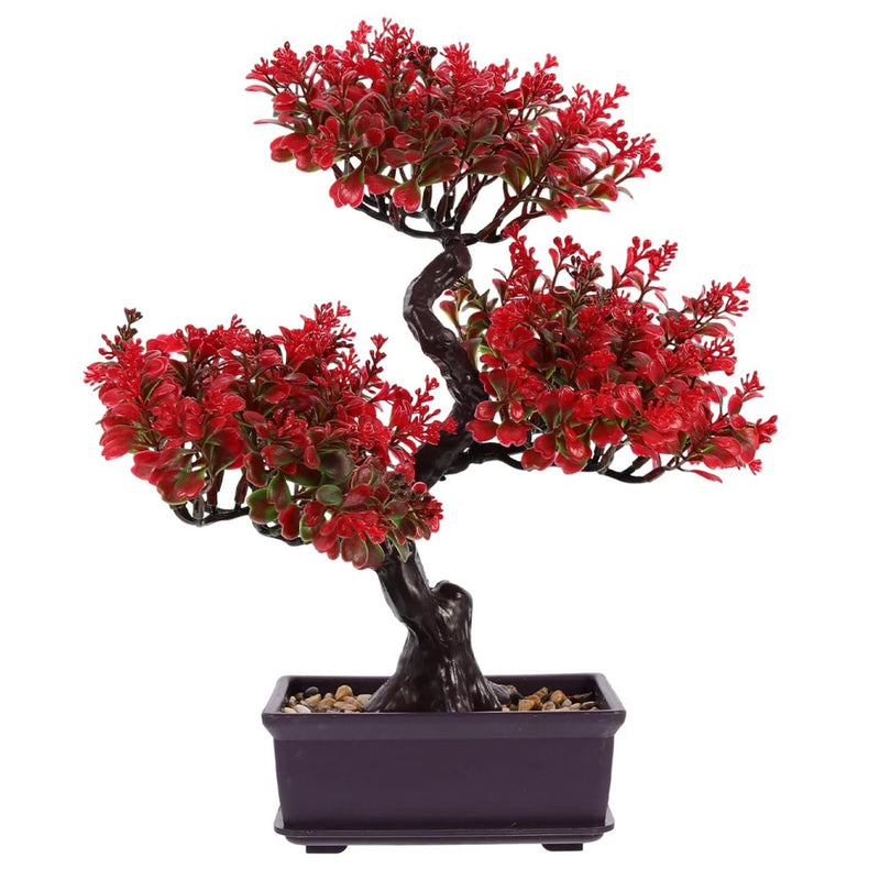Artificial bonsai tree with red leaves in dark square pot