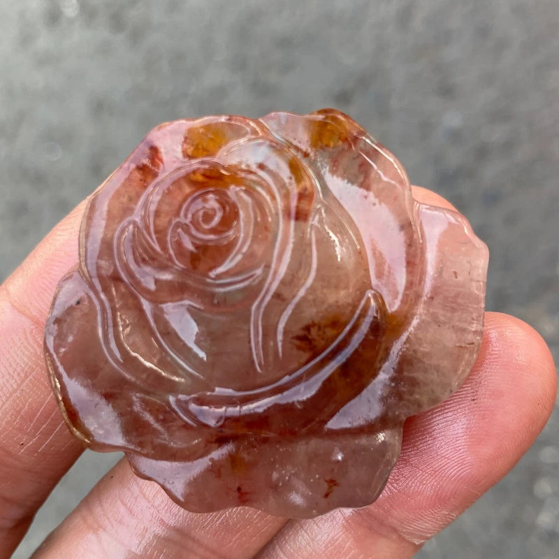 Amber crystal rose with carved flower spiral petal details