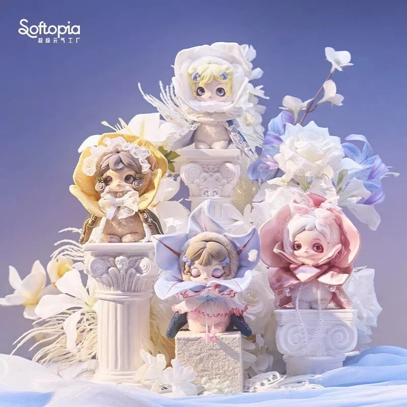 Floral blind box plush figure doll, white and pastel with bows and flower decorations.