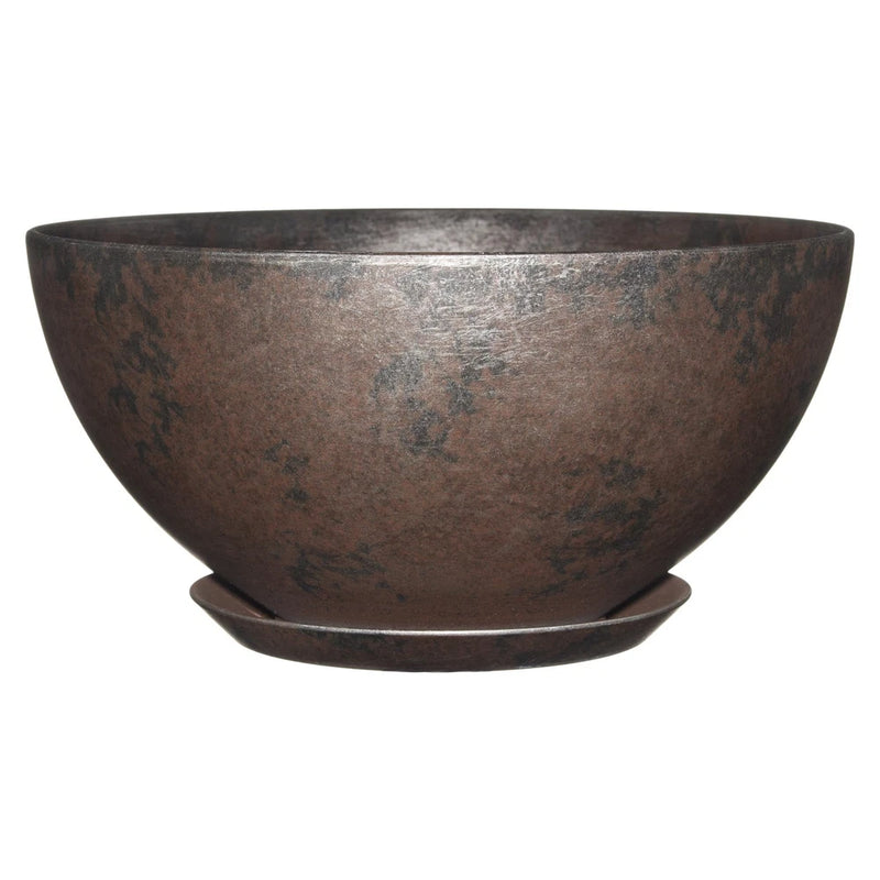 Brown modern metal planter bowl with drainage holes and rustic speckled finish
