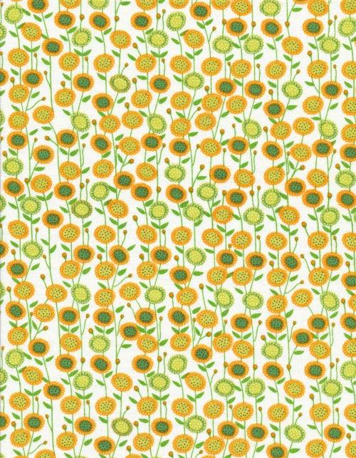 White fabric with repeating sunflower print, green stems and yellow blooms