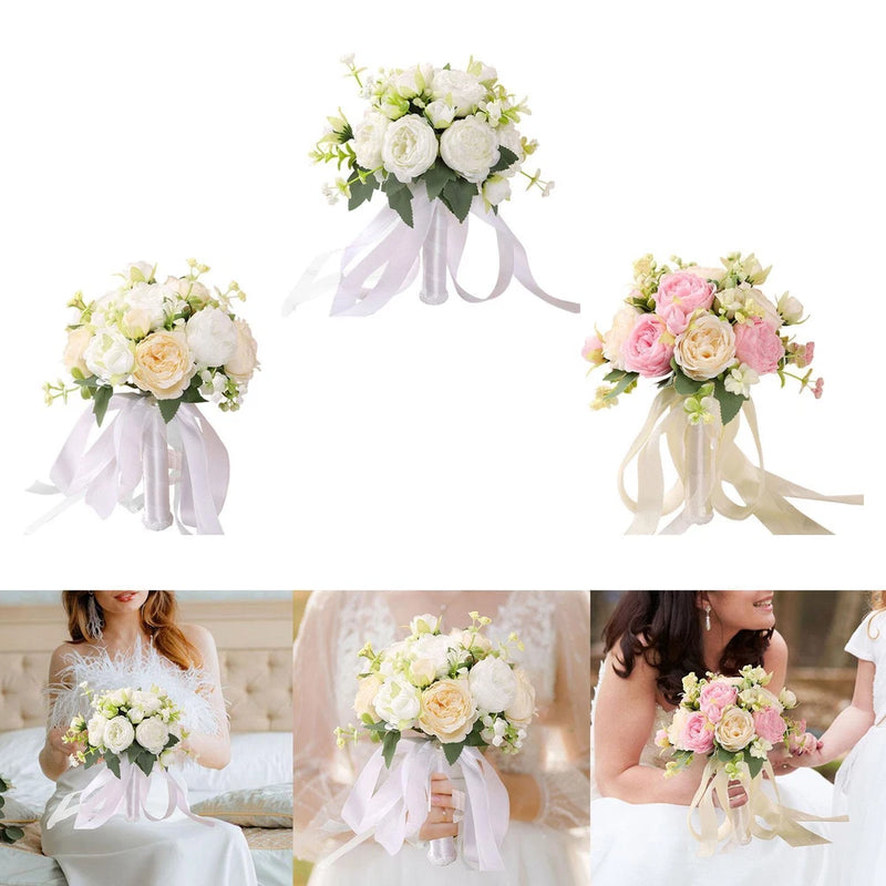 Silk rose bridesmaid bouquet with white and pink faux flowers and satin ribbon tails