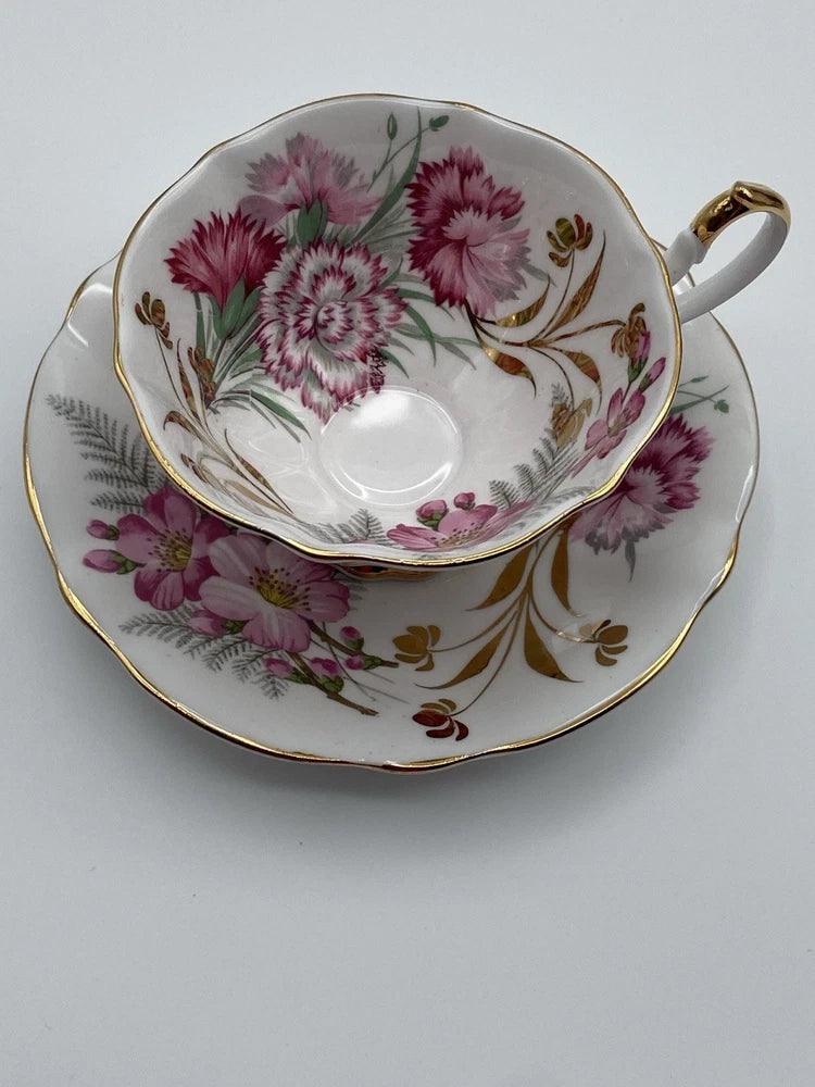Vintage 50s Queen Anne Bone China Pink Carnations Teacup And Saucer Carnation