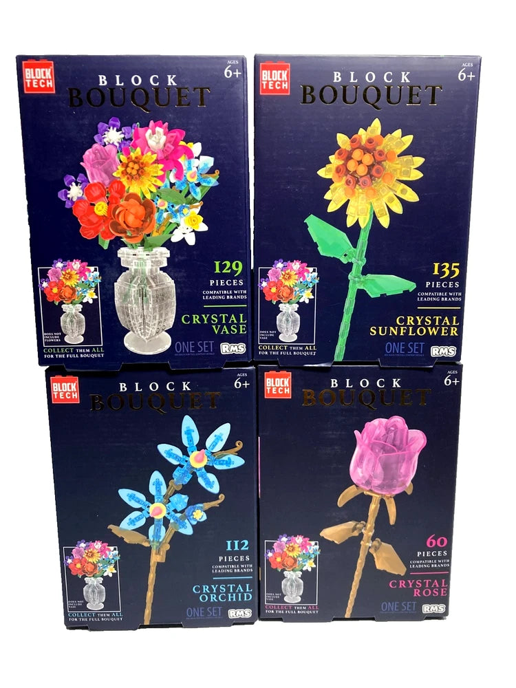 Block bouquet crystal vase building set, retail box showing sunflower, orchid, and rose