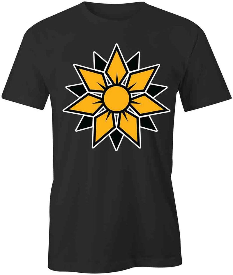 Black short-sleeve cotton T-shirt with large yellow sunflower front print