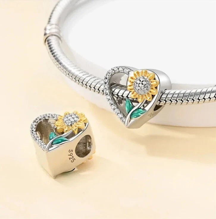 NEW Sunflower Heart Charm Authentic 925 Sterling Silver Bracelet Necklace Charm Sunflower