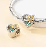 NEW Sunflower Heart Charm Authentic 925 Sterling Silver Bracelet Necklace Charm Sunflower
