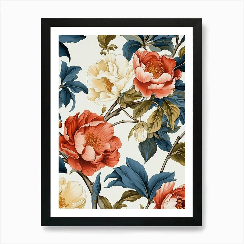 Framed peony flower art print with multicolor blooms and leaves on white background