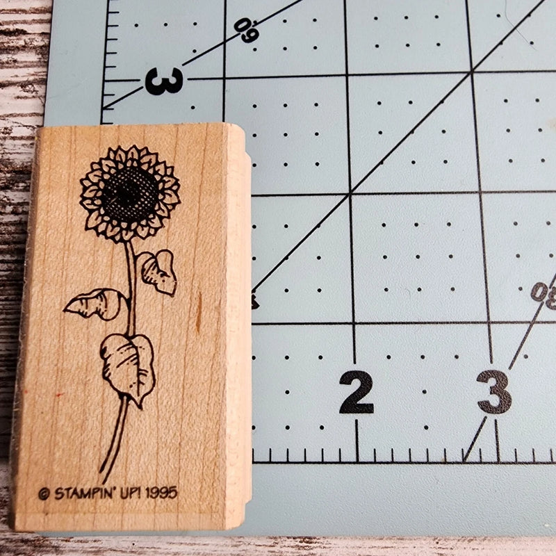 Stampin Up! 1995 wood-mounted rubber stamp with black sunflower and stem on wood block