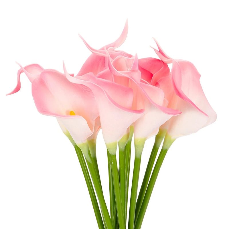Artificial light pink calla lily fake flowers with green stems and realistic petals