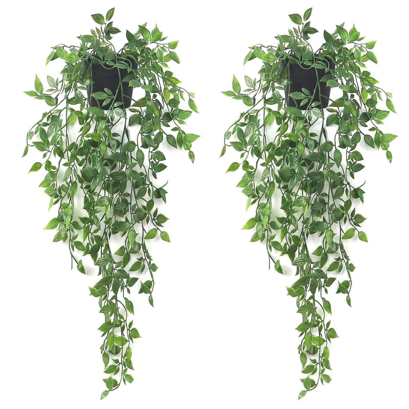 Artificial hanging mandala vine plant with trailing green leaves in hanging pot