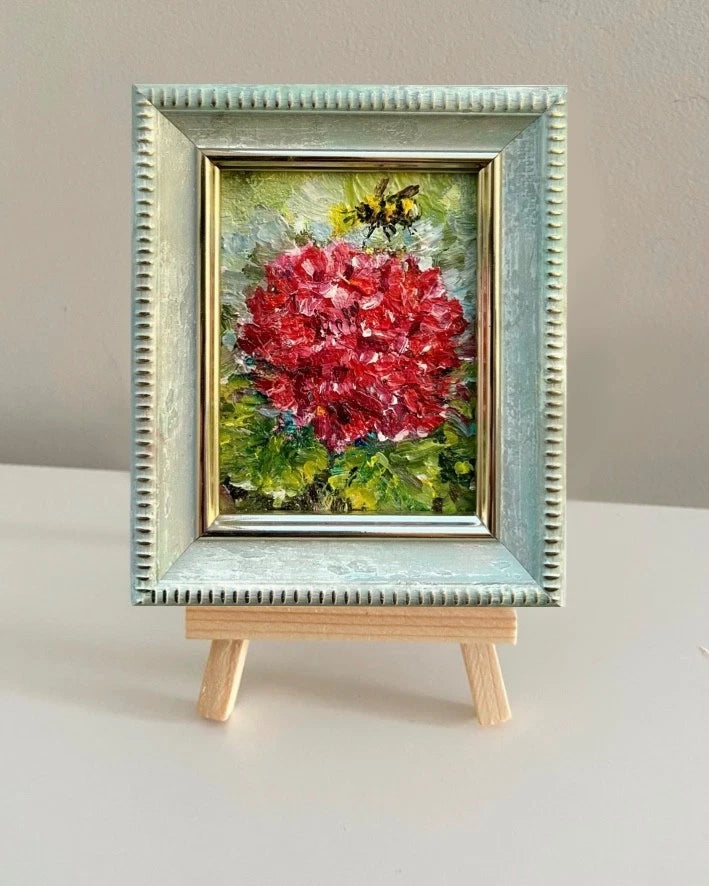 Hydrangea Original Oil Painting Honey Bee Flower Impasto Mini Art 3x2.5in Signed Hydrangea