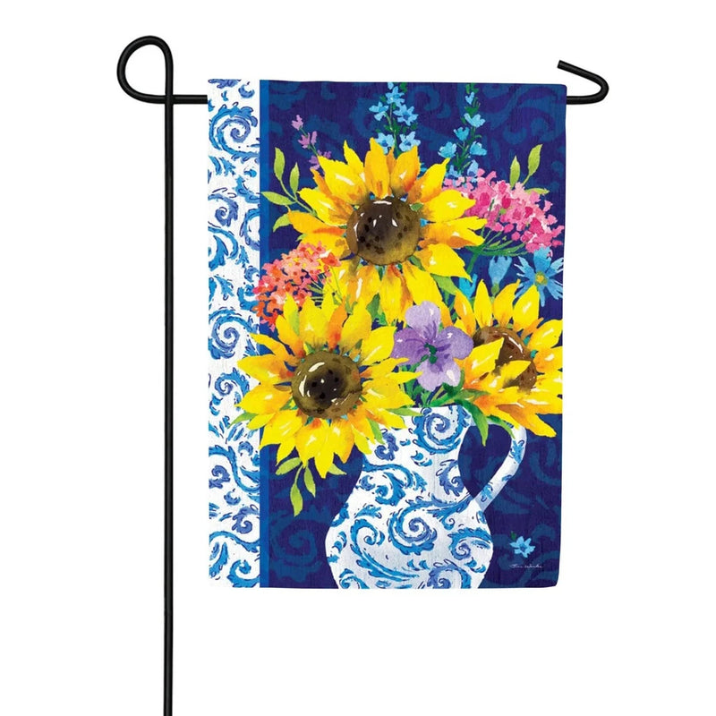 Sunflower garden flag with blue vase bouquet on purple floral-pattern background, hanging hooks