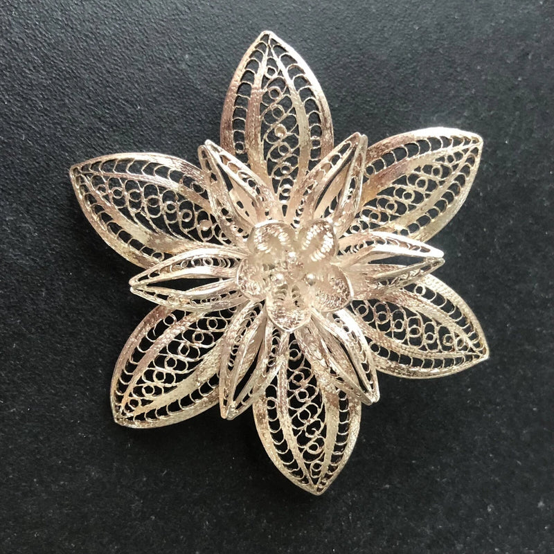 Vintage Sterling Silver Victorian Filigree Water Lily Flower Openwork Brooch Lily