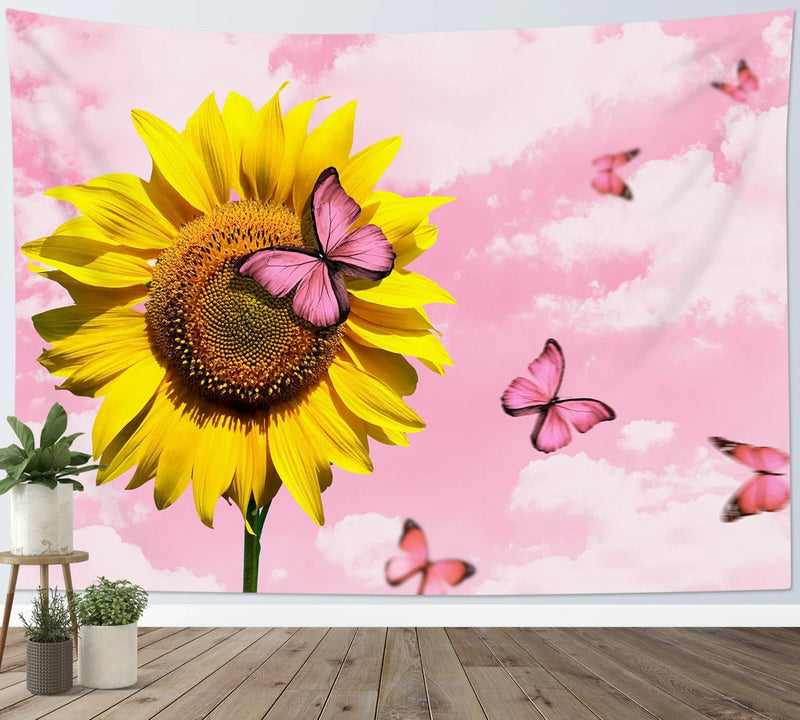 Sunflower and butterfly wall tapestry with pink sky cloud print