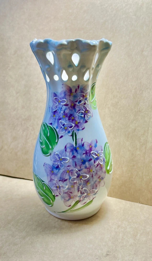 Ceramic Moriage Vase Hydrangeas Flowers Teardrop Cut-outs 7" Vintage Hydrangea