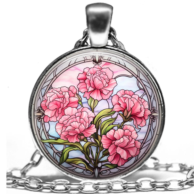 Pink Carnations Faux Stained Glass Art January Birth Month Flower Necklace 24" Carnation